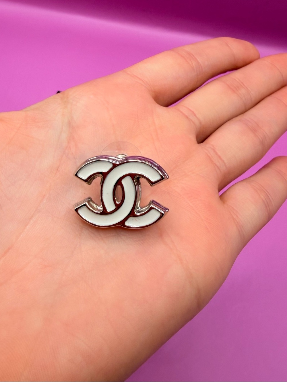 Authentic CHANEL Pink and White CC Logo Stud Earrings - Picture 6 of 6
